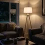 Brightstar Standing Lamp Tripod Light Wood And Chrome Wood And Polished Chrome Floor Lamp With White Fabric Shade
